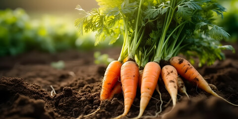 Freshly picked carrots on the soil in a field of a farm, agriculture and vegetables farming concept, generative AI
