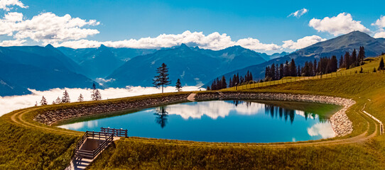 Alpine summer view with reflections at Schlossalmbahn cable car, Mount Kleine Scharte, Bad...