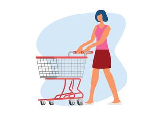 Short haired young woman pushing empty trolley. Simple flat illustration.
