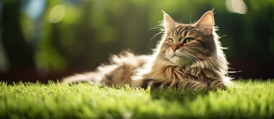 Green artificial grass with a cat resting on it - Powered by Adobe