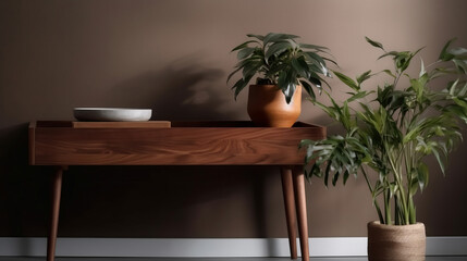 Beautiful houseplant on console table indoors. Space for text, 3d render. Decor concept. Real estate concept. Art concept. Design concept. Interior concept. Plant concept