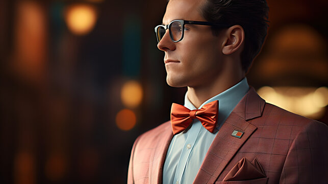 Nerd man with a bowtie and glasses wearing a suit. Concept of Geek Chic, Intellectual Style, and Smart Fashion Statements.