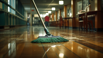 Close up of mop on school hallway wooden floor. Concept of Janitorial Services in School Corridors, Floor Cleaning.