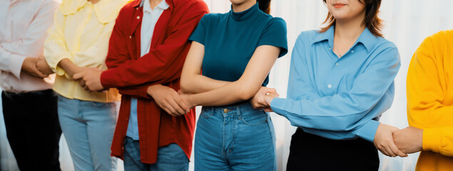 Panoramic banner young asian startup company employee wearing colorful casual wear stand in line...