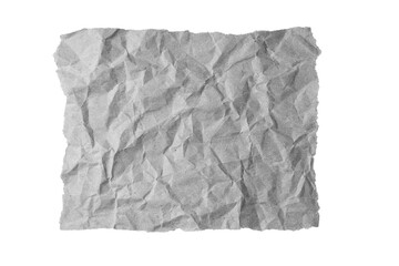 Gray crumpled rectangle sheet of paper with torn edge isolated on white, transparent background, PNG. Recycled craft paper wrinkled, creased texture, grunge border. Template, mockup, copy space