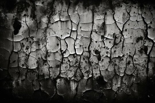 Black and white grunge background with abstract cracks, chips, dots, and worn surface texture. Generative AI