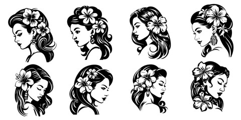Fototapeta premium Collection of Floral Victorian Woman Silhouette Faces
