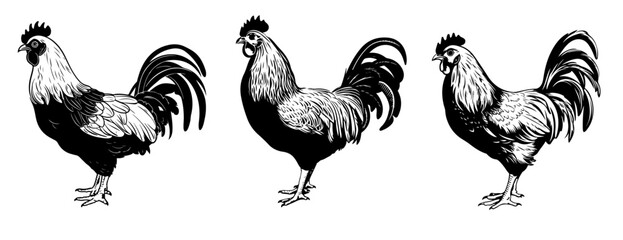 Vintage Rooster Chicken Silhouette Illustrations Set