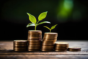 Plant Growth on Stacked Coins, Savings, Concept, Money, Finance, Sustainable Finance, Investment Growth