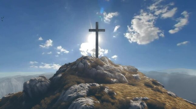 View of religious cross on mountain top with sky and clouds, seamless looping 4K video animation background	