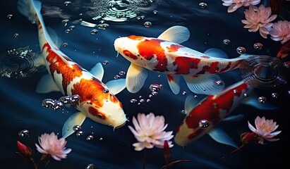 Koi fishes swimming in a koi fish pond created with AI - obrazy, fototapety, plakaty