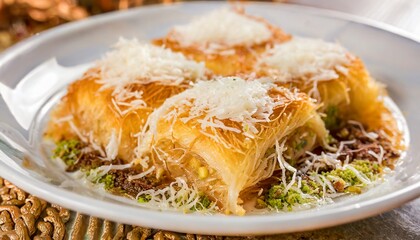Turkish Gastronomy - Tel Kadayif - Dessert with Cheese, Nuts and Honey-Sugar Syrup - obrazy, fototapety, plakaty