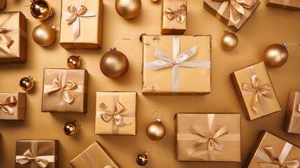 Overhead View of Wrapped Christmas Gifts, Christmas gifts, wrapped presents, gold background, overhead view
