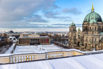 Aerial view of Lustgarten with the Berlin Cathedral and the Neues Museum with snow on a nice winter...