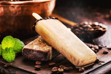 coffee popsicle, home made sweet ice cream, Cappuccino Popsicle. Rare, gourmet ice cream