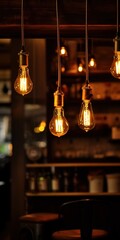 Fototapeta na wymiarSingle filament lights on fashioned cafe. Vintage style LED filament Edison bulbs. String light hanging over the bar, lighting decoration. Warm and relaxing atmosphere