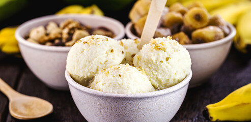 vegan banana ice cream, vegan dessert without added sugar and without milk, with fruits around.
