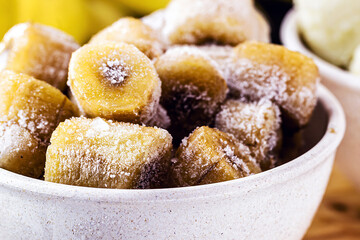 frozen banana jar used as an ingredient for vegan banana ice cream with no added sugar or dairy....