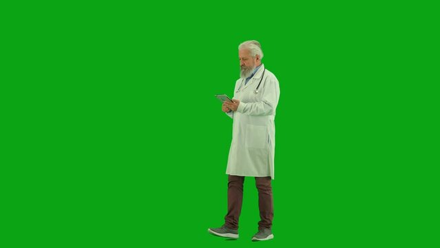Portrait of aged man medic on chroma key green screen. Senior doctor in white coat walking holding tablet, texting checking information online.