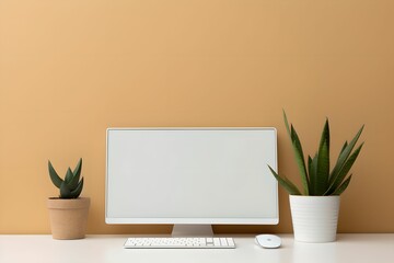 Sleek Monitor and Keyboard on Single Colored Background, desk, minimalist, setup, computer monitor