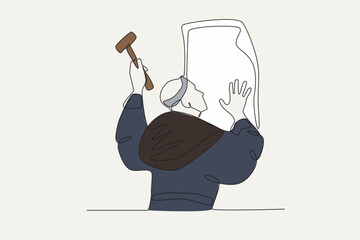 Illustration of a man attaching protestant teachings. Reforma protestante one-line drawing