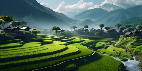 Rice paddy in asia with a village . Mountain on the background, green plantation. Generated AI