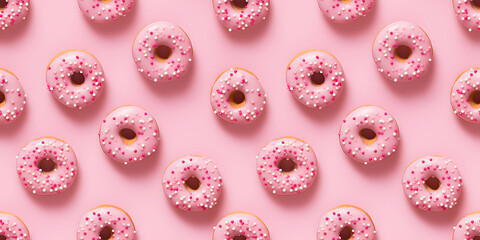 Seamless Pattern with pink donuts on light pink background. Photo of donuts in flat lay aerial view. Photo of donuts with glaze and frosting in flat lay aerial view. 