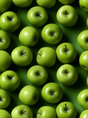 Seamless pattern with ripe green apples on green background. Photo of apples in flat lay aerial view. Apple flavour, taste, juice concept. For print, graphic design, advertisement, poster, wallpaper