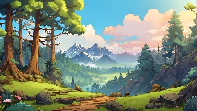 highly detailed anime cartoon style woodland forest background generated by AI