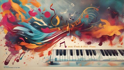 Melodic Reverie World Music Day Banner with a Piano Keyboard on a Dynamic Abstract Dust Background, Embracing Colorful Designs and Musical Instruments for a Celebration of Music and Events