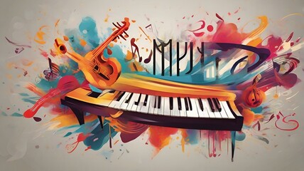Musical Kaleidoscope World Music Day Banner with Piano Keyboard on Abstract Colorful Dust Background, Celebrating Music, Events, and a Symphony of Vibrant Musical Instruments