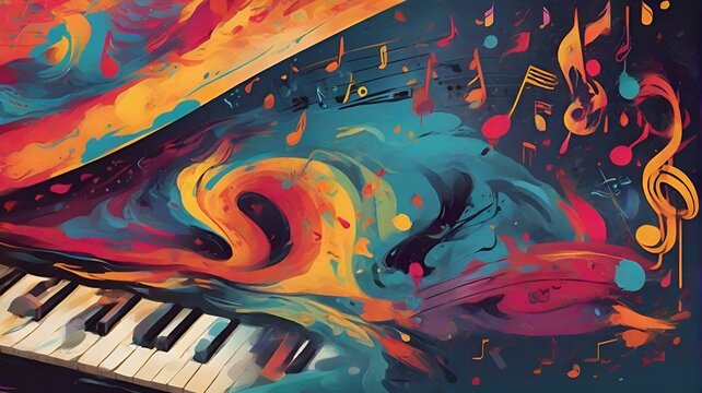 Harmony Unleashed World Music Day Banner Featuring a Piano Keyboard on a Vibrant Abstract Dust Background, Celebrating Music, Events, and Colorful Musical Instruments