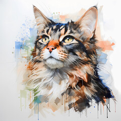 Watercolor Portrait of a Cat with Green Eyes: Beautiful Gaze Looking Up to the Sky. Mixed Breed with Fluffy Calico-Patterned Fur