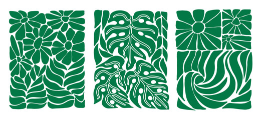 Green abstract flowers and Monstera leaves posters. Adam's rib leaves. Minimalist floral art prints inspired by Matisse, doodle-like design. Vector illustration isolated on transparent background. - obrazy, fototapety, plakaty