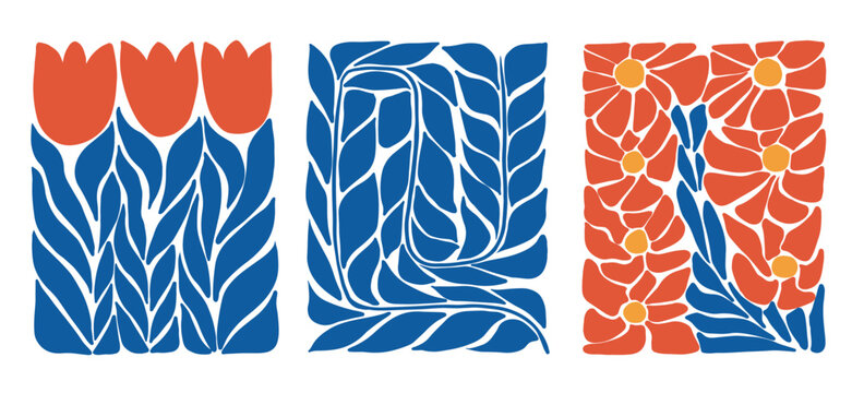 Orange abstract flowers and tulips and blue leaves. Minimalist floral art prints inspired by Matisse, doodle-like design. Vector illustration isolated on transparent background