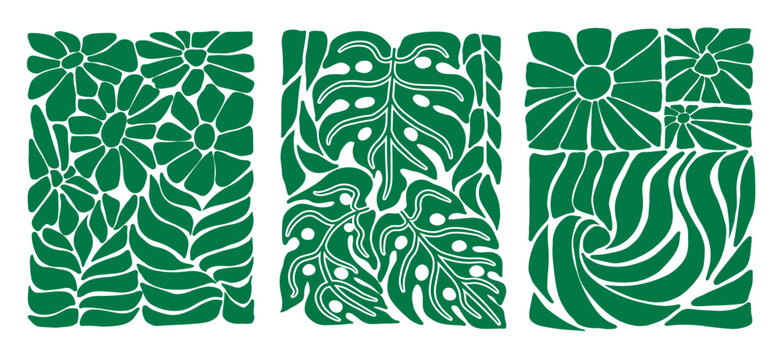 Green abstract flowers and Monstera leaves posters. Adam's rib leaves. Minimalist floral art prints inspired by Matisse, doodle-like design. Vector illustration isolated on transparent background.