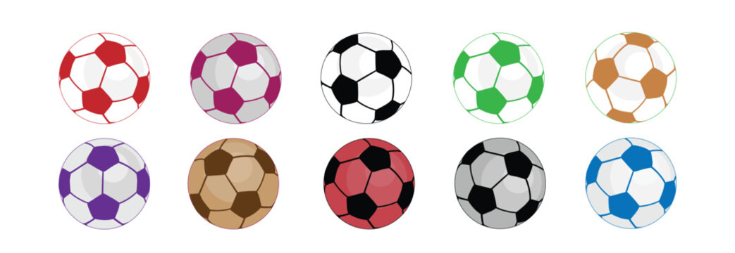 Soccer ball flat icon set isolated on white background. Football black white and color simple icons vector collection.