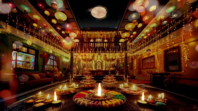 Diwali celebration with light decorations and candles at night. 4K time-lapse fantasy style animated video background.