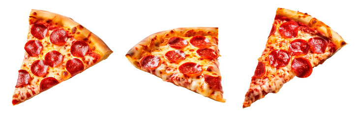 Collage of three pepperoni pizza slices on isolated transparent background - obrazy, fototapety, plakaty