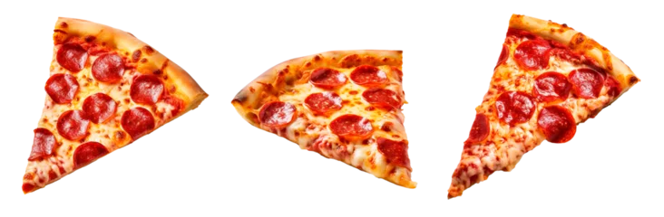 Poster Collage of three pepperoni pizza slices on isolated transparent background © Pajaros Volando