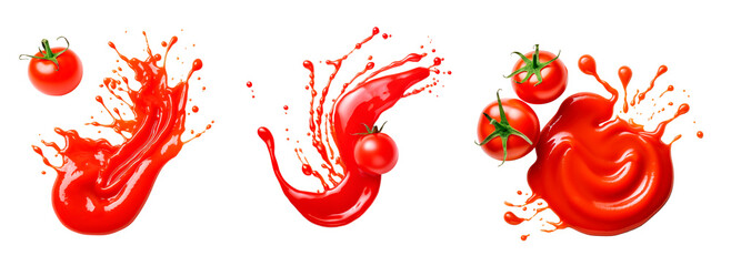 Tomato sauces splashes over isolated transparent background