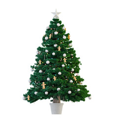 Christmas Tree with white christmas balls Isolated in white pot