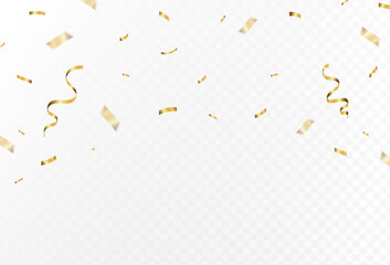 Gold confetti and ribbon streamers falling on a transparent background. blur. Transparent. Small and large.Vector - obrazy, fototapety, plakaty