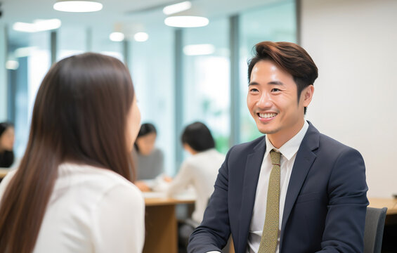 Young attractive cheerful Asian business man casual shot during meeting in the office