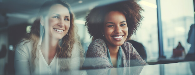 Female co workers casual shot smiling and enjoying break time in the office