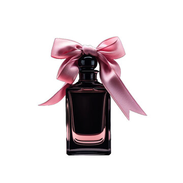 Black glass perfume bottle and pink ribbon isolated on transparent background