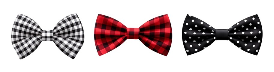 Three different checkered black white, red and black and polka dot bow ties. Isolated transparent background