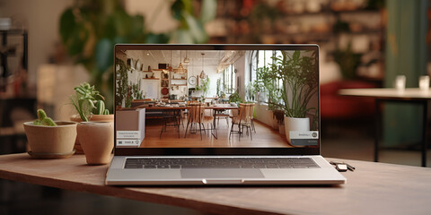 Realistic laptop mockup of an imac laptop on a wooden table with a blurred cafe in the background. AI Generative - obrazy, fototapety, plakaty