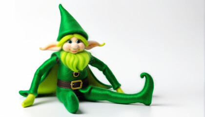 Green elf naughty from felting on a white background