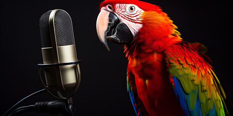 Colorful scarlet macaw parrot Close up of tropical parrot on gray background parrot, mimicking human speech into a microphone, pet training equipment scattered, warm, studio lighting. AI Generative